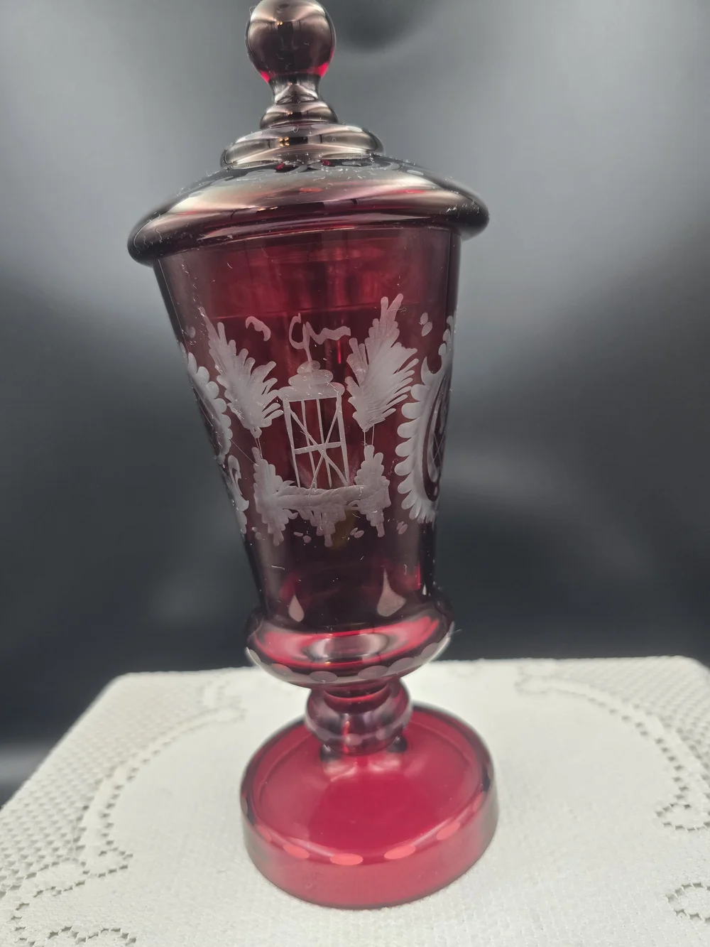 Ruby Red Etched Glass Covered Goblet - Decorative Home Art